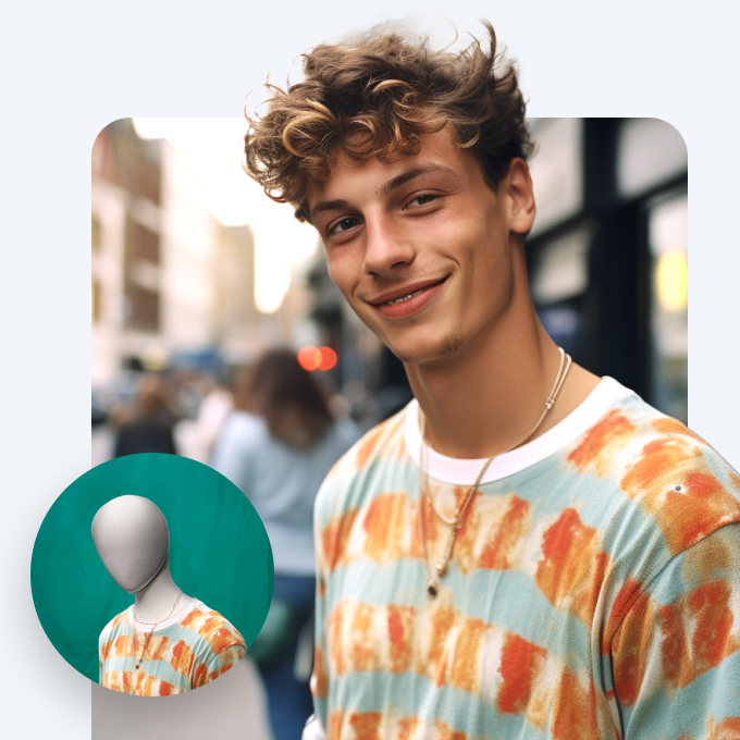 A young male model generated by AI fashion model generator, from an image of mannequin to a vivid human model with realistic lighting and street view background.