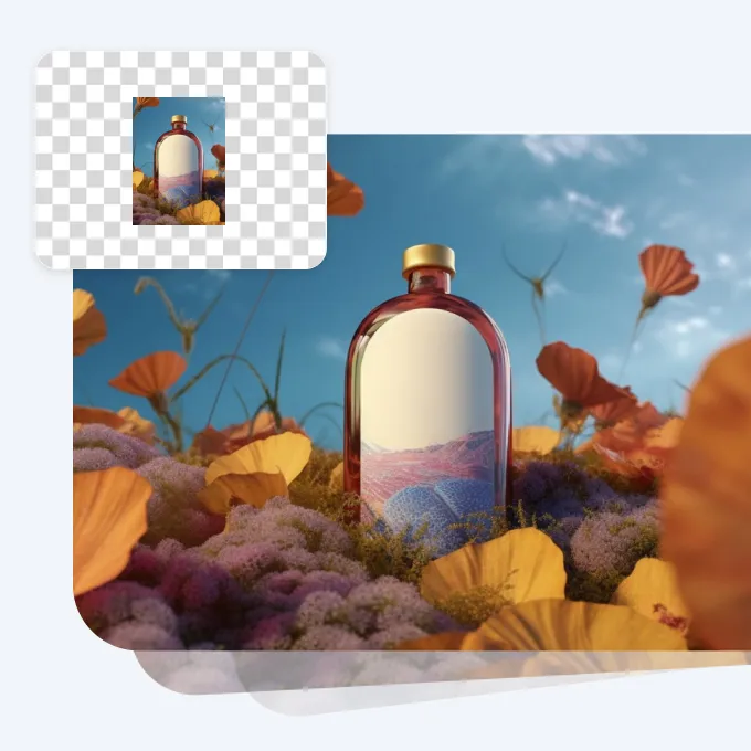 A bottle placed in the middle of flowers, grass and the background is blue sky, a resulting image of image uncrop feature.